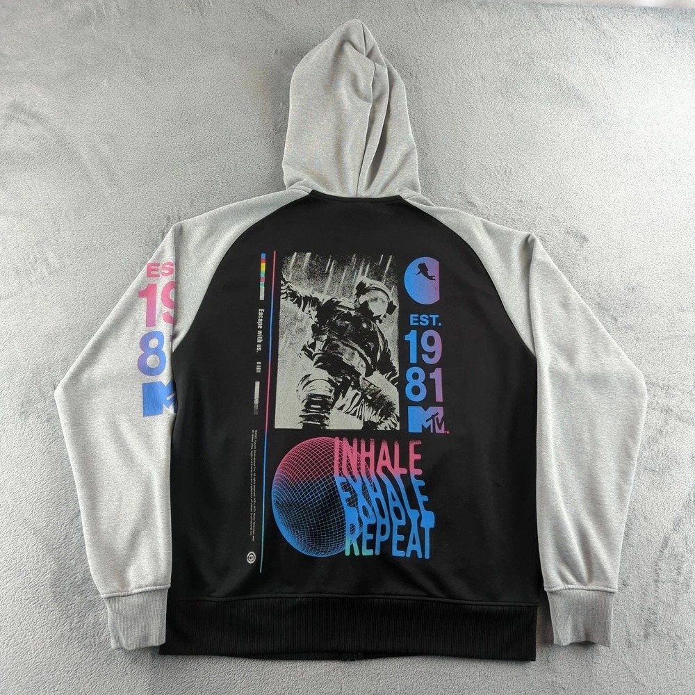 MTV Hoodie Mens XL Black Gray Full Zip Sweatshirt Hip Hop Skater Grunge Y2K 90s